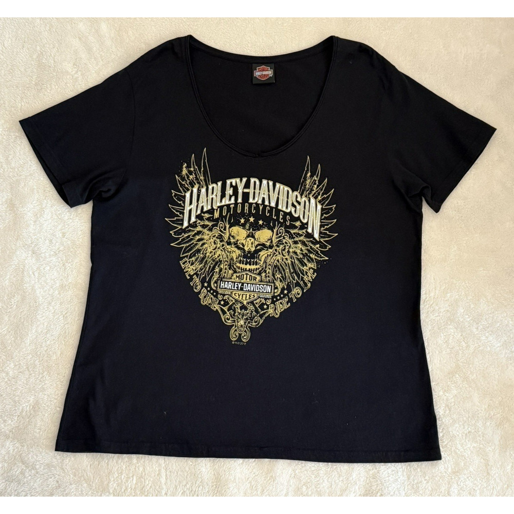 Harley-Davidson 2018 Yuba City, CA Women's Black‎ & Gold T-Shirt 3XL Skull Wings